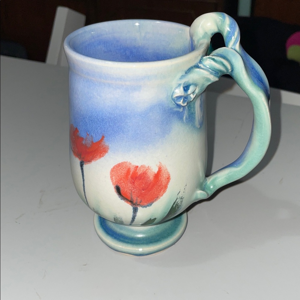 Handmade pedestal pottery mug - muted blue w/red poppies-NWOT